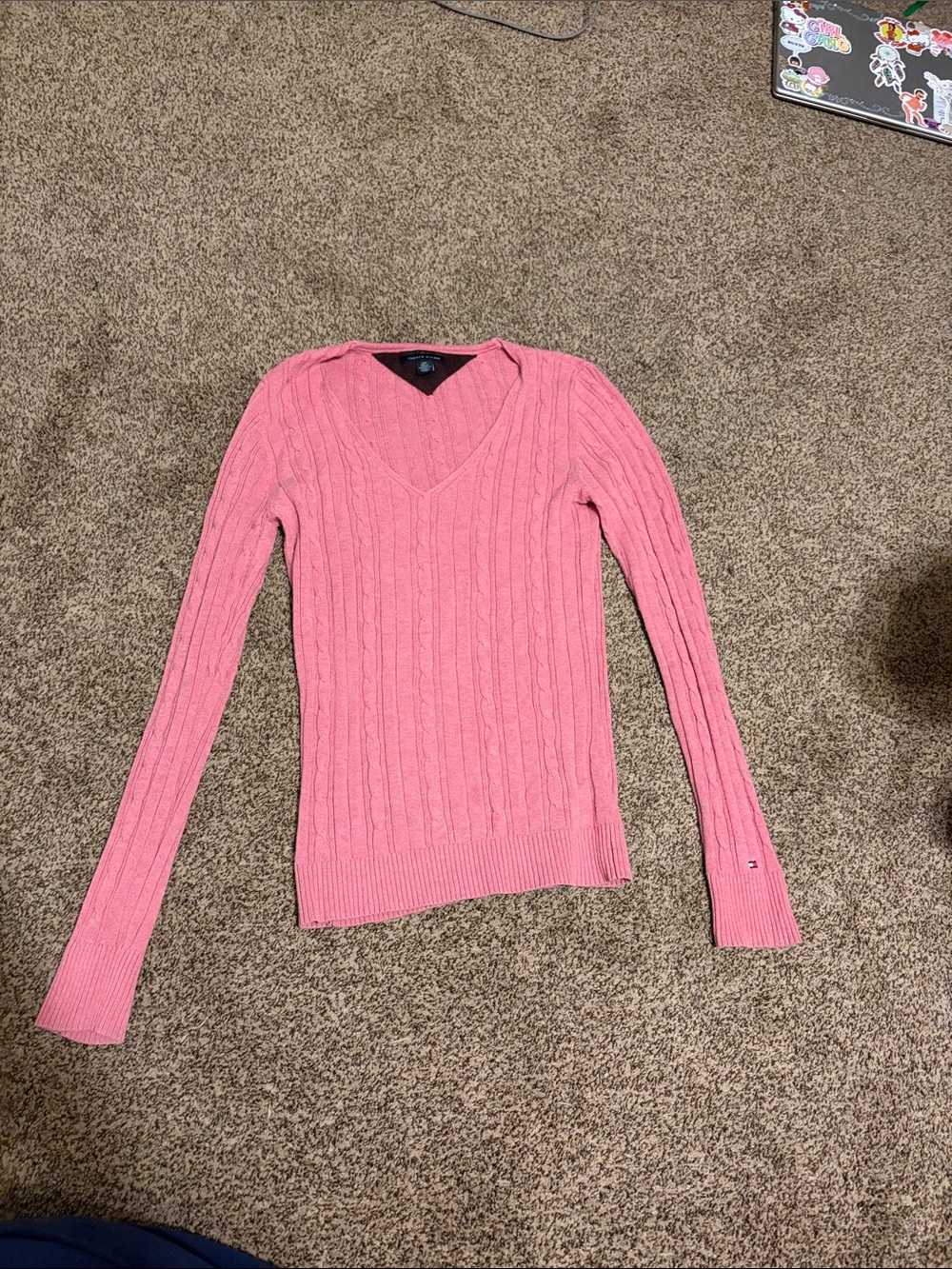 Tommy Hilfiger Coral Pink Cable-Knit V-Neck Sweater